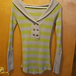 Green and gray striped hooded top
